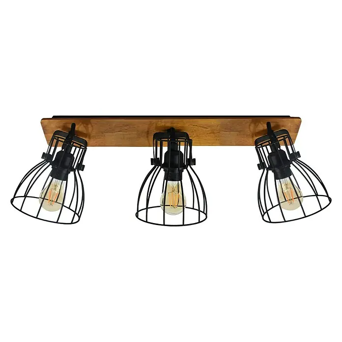 Tween Light Regleta Nao - 120 W, Marrón, E27 - Lámpara de techo con tres luces de jaula negras sobre una base de madera, creando un ambiente elegante.