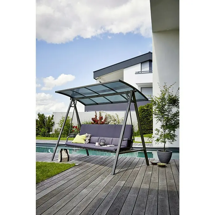 Sunfun Maja Hollywoodschaukel - B x T x H: 235 x 135 x 182 cm, Stahl, Anthrazit, Liegefunktion - Einladende Gartenschaukel mit komfortablen Kissen und stilvollem Design für entspannte Stunden im Freien.