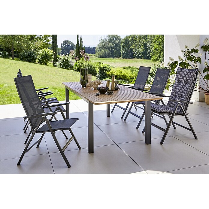 Gartenmöbel-Set (7-tlg., Akazie/Textilen, Naturbraun/Anthrazit, Gartenstuhl klappbar)