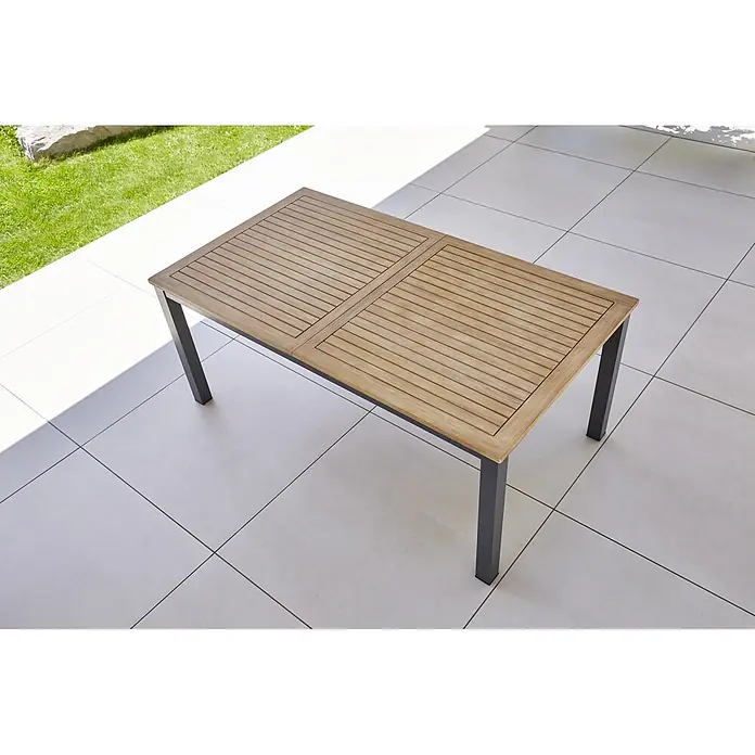 Gartenmöbel-Set Carina/Maja I - 7 -tlg., Akazie/Textilen/Metall, Naturbraun/Anthrazit, Tischplatte ausziehbar - Gartentisch mit Lattenrost-Tischplatte und dunklen Metallbeinen für den Außenbereich. Ideal für Garten und Terrasse.