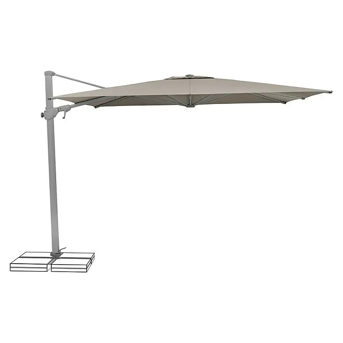 Suncomfort Ampelschirm Varioflex - Light Taupe, Bespannungsmaß (L x B): 300 x 300 cm - Eine elegante, freistehende Outdoor-Sonnenliege mit einem quadratischen, beigen Schirm und stabilem, grauem Standfuß.
