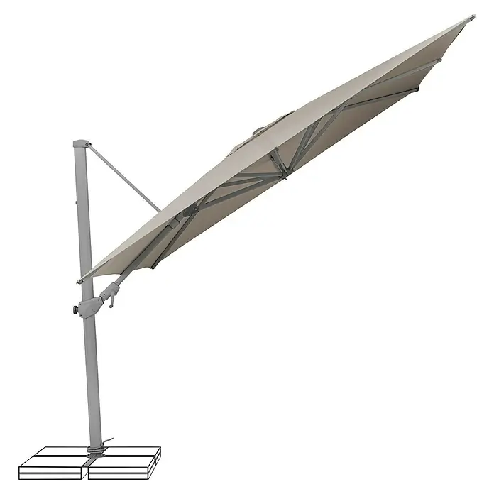 Suncomfort Ampelschirm Varioflex - Light Taupe, Bespannungsmaß (L x B): 300 x 300 cm - Dieses Bild zeigt einen stilvollen, beigefarbenen Ampelschirm mit grauem Gestell und Fuß, ideal für sonnige Tage im Freien.