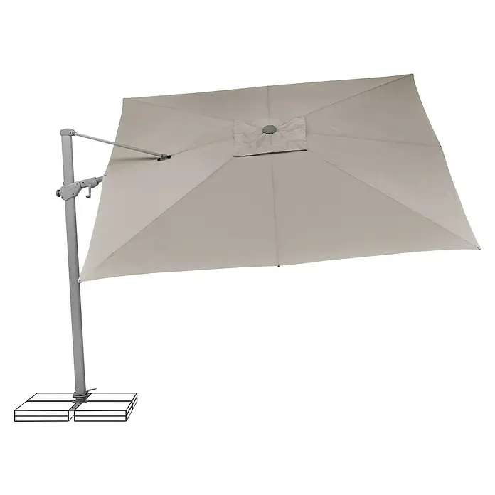 Suncomfort Ampelschirm Varioflex - Light Taupe, Bespannungsmaß (L x B): 300 x 300 cm - Eine Nahaufnahme eines quadratischen Sonnenschirms in Beige, der an einem stabilen, grauen Ständer befestigt ist. Ideal für den Garten.