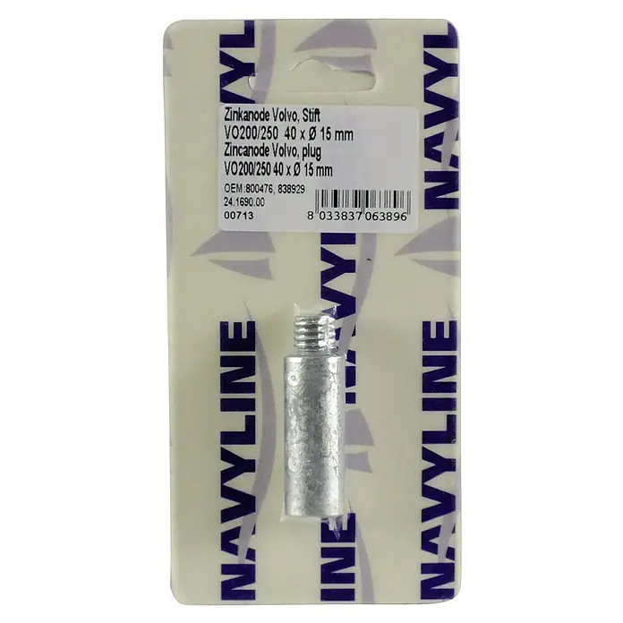 Opferanode - Zink, Ø x L: 15 x 67 mm, Salzwasser, Passend für: Volvo Penta Kühlsysteme - Zinkanode Volvo, Stift VO200/250 40 x Ø 15 mm in Originalverpackung. Ein unverzichtbares Ersatzteil für Volvo-Bootsmotoren.