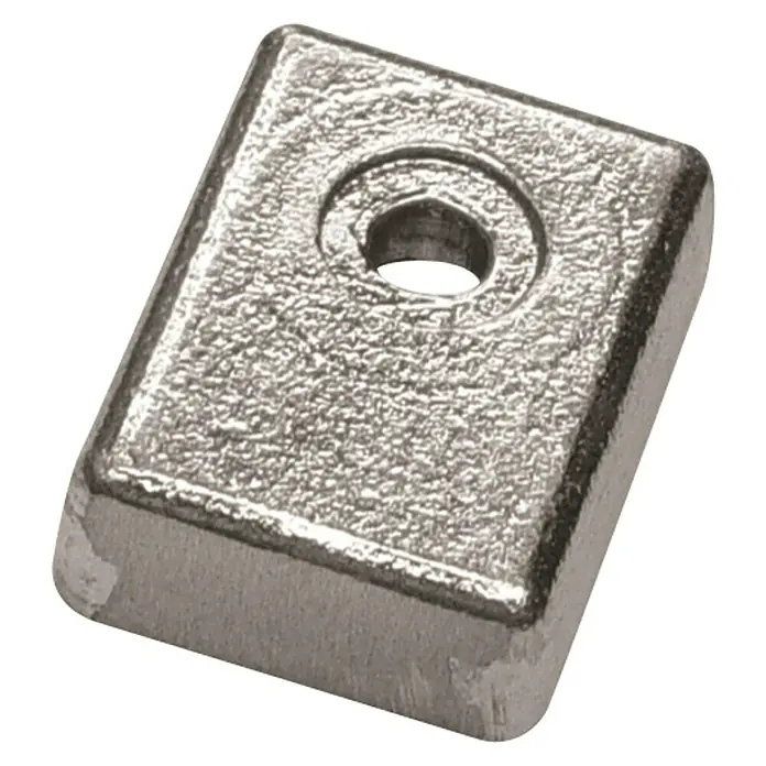 Opferanode - Zink, L x B x H: 40 x 30 x 12 mm, Salzwasser, Kühlungen - Nahaufnahme eines quadratischen, silberfarbenen Metallstücks mit einem Loch in der Mitte, das als Befestigungselement dient.
