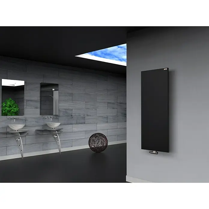 Szagato Designheizkörper Manhattan 2 - B x H: 470 x 1.200 mm, Wärmeleistung bei Vorlauftemperatur von 75 °C (D: 50): 799 W, Schwarz, Ohne Handtuchhalter - Bild eines schwarzen Heizkörpers.