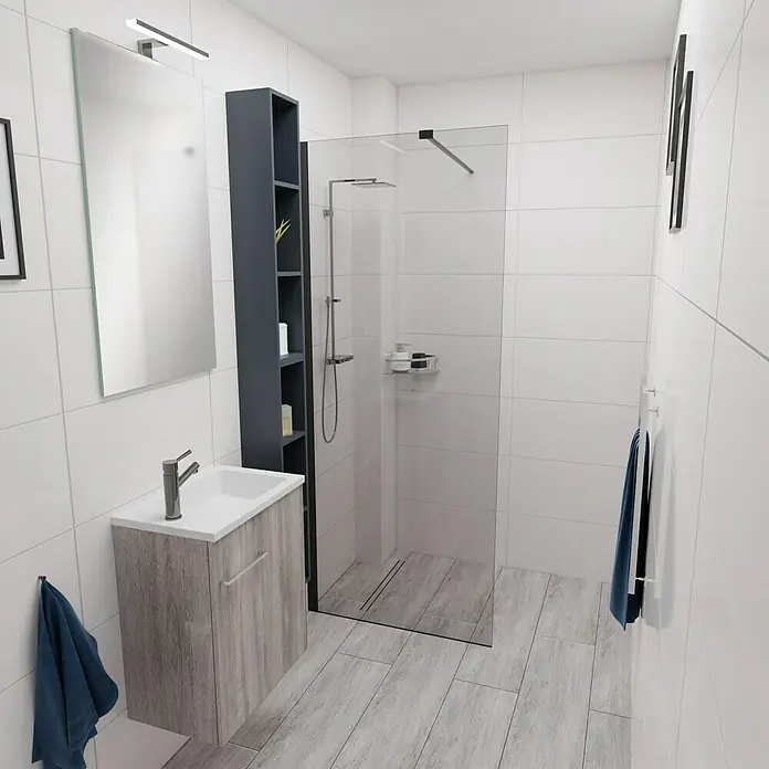 Camargue Espacio Waschtischunterschrank - 50 x 33 x 60 cm, Faro - Badezimmer-Interieur mit Waschbecken, Spiegel, Regal und Dusche. Moderne Badgestaltung mit klaren Linien und neutralen Farben.