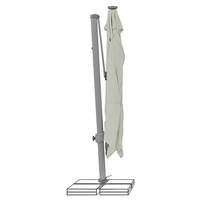 Suncomfort Ampelschirm Varioflex Solar - Hellgrau, Bespannungsmaß (L x B): 300 x 300 cm - Aufnahme eines geschlossenen Sonnenschirms in neutraler Farbe mit seinem Sockel.