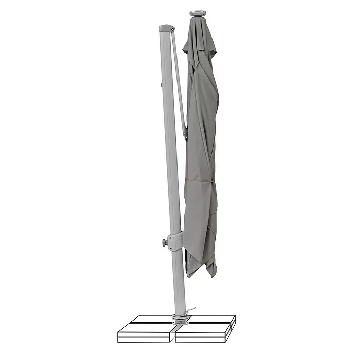 Suncomfort Ampelschirm Varioflex Solar - Steingrau, Bespannungsmaß (L x B): 300 x 300 cm - Zusammengeklappter grauer Freischirm mit grauem Metallmast auf schematischer Beschwerungsplatte.