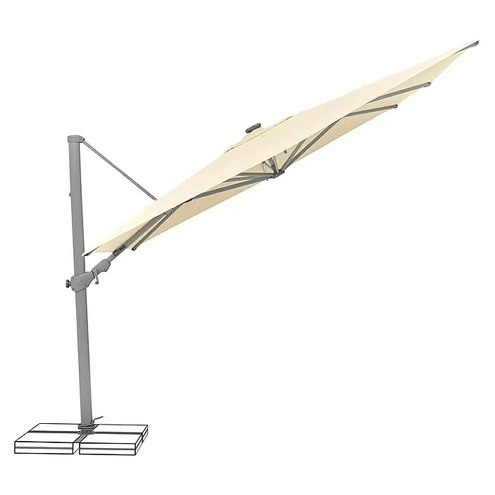 Suncomfort Ampelschirm Varioflex Solar - Ecru, Bespannungsmaß (L x B): 300 x 300 cm - Ein beigefarbener Sonnenschirm mit einem stabilen, grauen Ständer, der Schatten spendet und vor Sonne schützt. Ideal für Garten oder Terrasse.