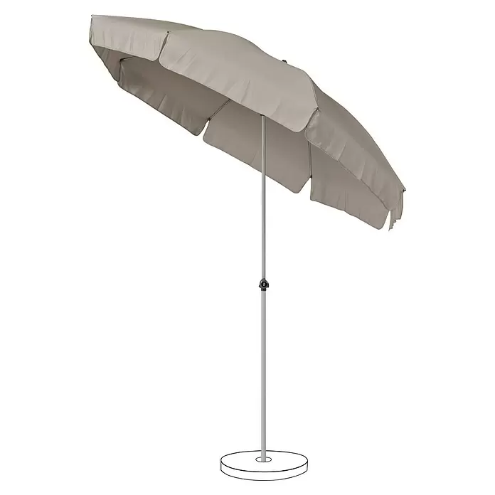 Suncomfort Strandschirm Siesta - Light Taupe, Durchmesser Bespannung: 200 cm - Geneigter hellgrauer Sonnenschirm mit weißem Rundfuß.