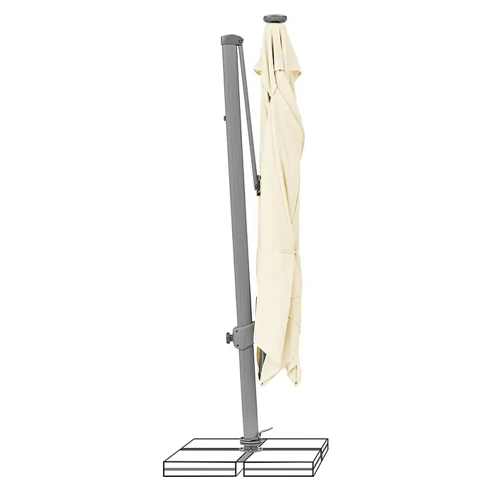 Suncomfort Ampelschirm Varioflex Solar - Ecru, Bespannungsmaß (L x B): 300 x 300 cm - Grauer Sonnenschirm mit beigem Stoffbezug, der zusammengeklappt und auf einem Plattenständer befestigt ist. Ideal für Garten und Terrasse.