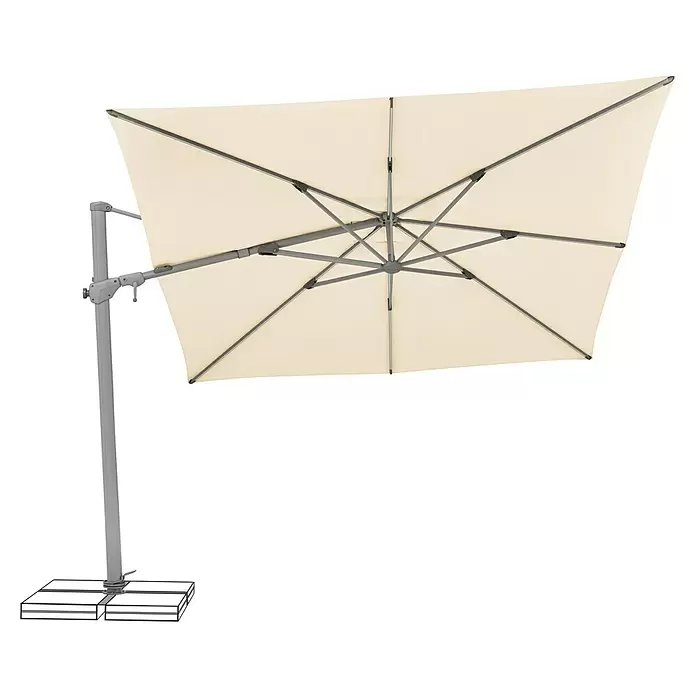 Suncomfort Ampelschirm Varioflex Solar - Ecru, Bespannungsmaß (L x B): 300 x 300 cm - Cremefarbener Freiarmschirm mit grauem Metallgestell und Bodenplatten.