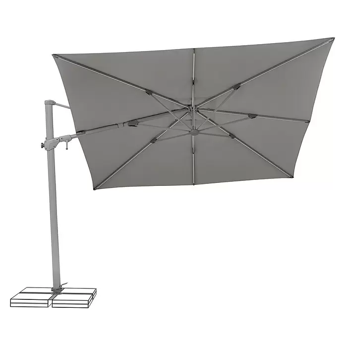 Suncomfort Ampelschirm Varioflex Solar - Steingrau, Bespannungsmaß (L x B): 300 x 300 cm - Grauer, quadratischer Ampelschirm von unten mit sichtbarem Metallrahmen und Stützpfosten.