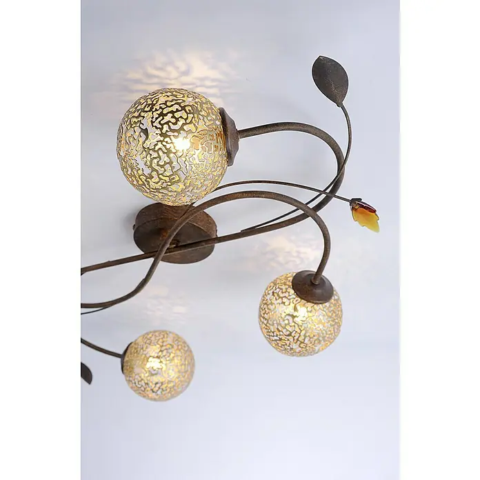 Paul Neuhaus Greta Plafón - 160 W, 65,3 x 38,8 x 14,1 cm, Cobre, G9 - Lámpara de techo con tres globos dorados y hojas decorativas para un ambiente cálido en la habitación.