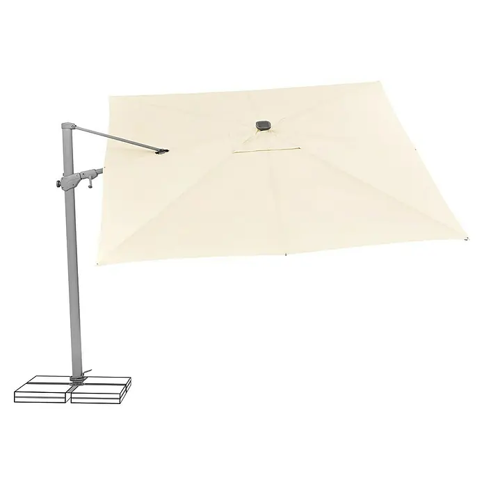 Suncomfort Ampelschirm Varioflex Solar - Ecru, Bespannungsmaß (L x B): 300 x 300 cm - Großaufnahme eines quadratischen Sonnenschirms mit grauem Ständer. Ideal für schattige Plätze im Freien.