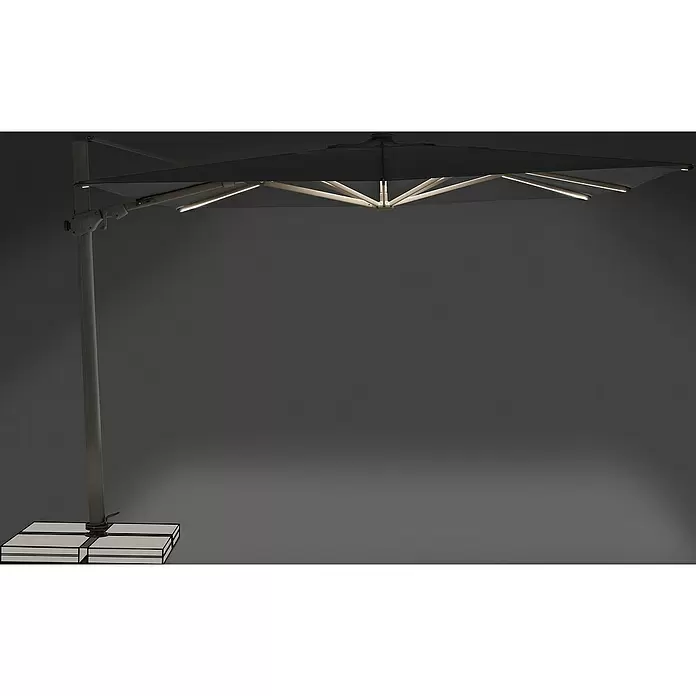 Suncomfort Ampelschirm Varioflex Solar - Steingrau, Bespannungsmaß (L x B): 300 x 300 cm - Dunkelgrauer Ampelschirm mit integrierter LED-Beleuchtung an den Streben und modularem quadratischem Sockel.