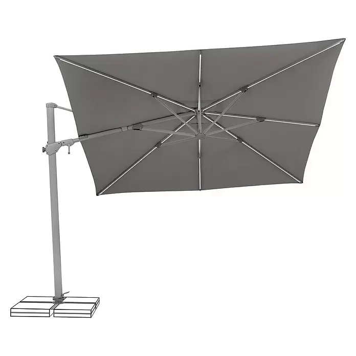 Suncomfort Ampelschirm Varioflex Solar - Steingrau, Bespannungsmaß (L x B): 300 x 300 cm - Grauer, rechteckiger Freiarmschirm mit integrierten LED-Leuchten an den Streben und passendem Mast, mit angedeuteter Gewichtsplattenbasis.