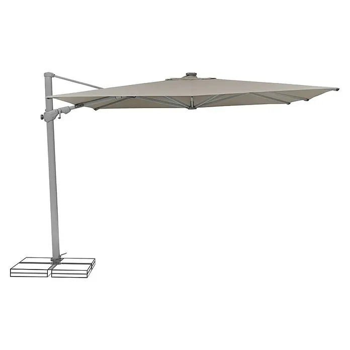 Suncomfort Ampelschirm Varioflex Solar - Light Taupe, Bespannungsmaß (L x B): 300 x 300 cm - Ein grauer, freistehender Sonnenschirm mit quadratischem Schirmdach und stabilen Ständerplatten für den Außenbereich.