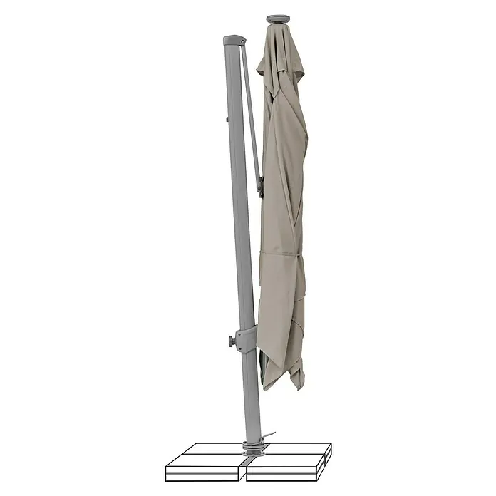 Suncomfort Ampelschirm Varioflex Solar - Light Taupe, Bespannungsmaß (L x B): 300 x 300 cm - Eine Nahaufnahme eines geschlossenen, grauen Sonnenschirms mit einem robusten Ständer, ideal für den Einsatz im Freien und zur Beschattung.