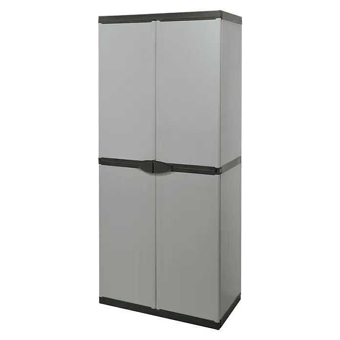 Kunststoff-Mehrzweckschrank - L x B x H: 39,5 x 68 x 168 cm - Ein grauer Kunststoffschrank mit zwei Türen und schwarzen Akzenten, ideal für die Aufbewahrung im Innen- und Außenbereich.