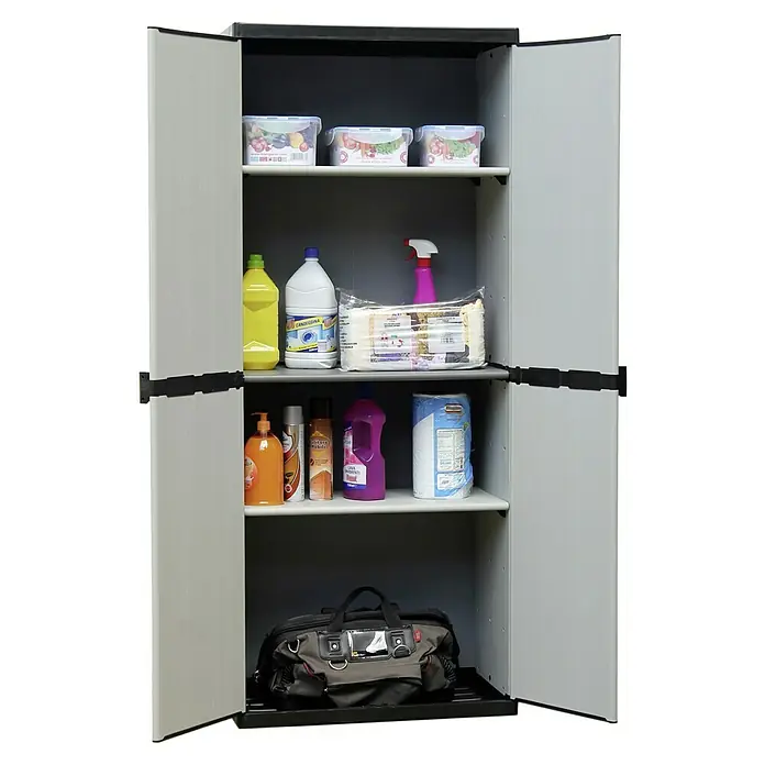 Kunststoff-Mehrzweckschrank - L x B x H: 39,5 x 68 x 168 cm - Bild eines grauen Vorratsschranks mit geöffneten Türen, gefüllt mit verschiedenen Behältern, Reinigungs- und Haushaltsprodukten.