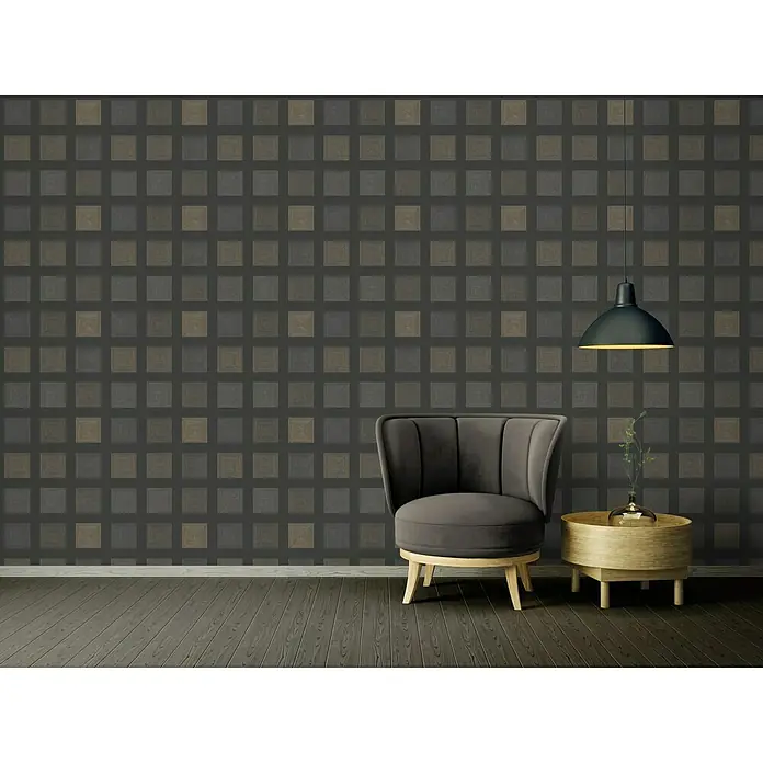 A.S. Création Ethnic Origin Vliestapete Quadrate - Metallic/Schwarz, Grafisch, 10,05 x 0,53 m - Dieses Foto zeigt eine stilvolle Wandtapete mit quadratischem Muster, die eine elegante Atmosphäre in den Raum bringt, ergänzt durch Möbel.