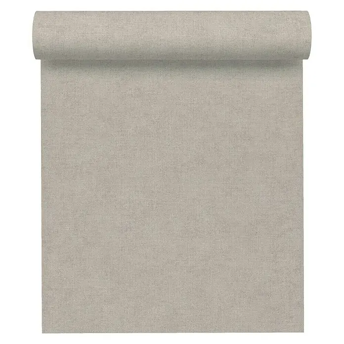 A.S. Création Paradise Garden Vliestapete - Taupe, Uni, 10,05 x 0,53 m - Nahaufnahme einer Rolle aus hellgrauer Textiltapete mit feiner Gewebestruktur, die ein elegantes und schlichtes Design für Innenräume bietet.