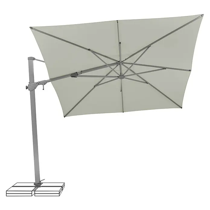Suncomfort Ampelschirm Varioflex - Hellgrau, Bespannungsmaß (L x B): 330 x 270 cm - Detailaufnahme eines viereckigen, freitragenden Sonnenschirms in hellem Farbton mit grauem Gestell und festem Standfuß auf schwarzem Hintergrund.