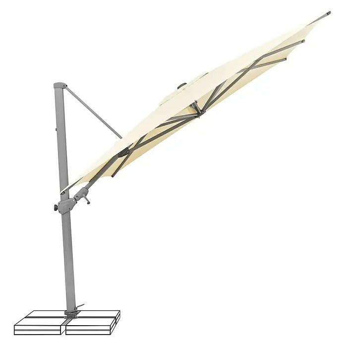 Suncomfort Ampelschirm Varioflex - Ecru, Bespannungsmaß (L x B): 330 x 270 cm - Hier sehen Sie einen eleganten, freistehenden Sonnenschirm in neutralen Farbtönen, der stilvollen Schatten spendet.