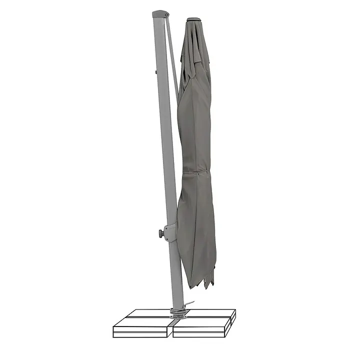 Suncomfort Ampelschirm Varioflex - Steingrau, Bespannungsmaß (L x B): 330 x 270 cm - Eine Nahaufnahme eines geschlossenen, grauen, freitragenden Sonnenschirms auf einem weißen Sockel. Der Schirm ist elegant und funktional gestaltet.