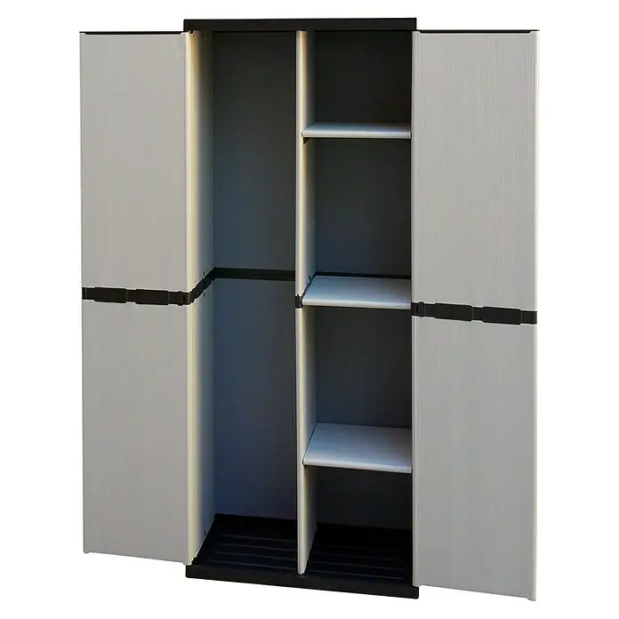 Kunststoff-Mehrzweckschrank Universal - L x B x H: 39,5 x 68 x 168 cm - Großaufnahme eines grauen Kunststoff-Gartenschranks mit offenen Türen und drei Regalen.
