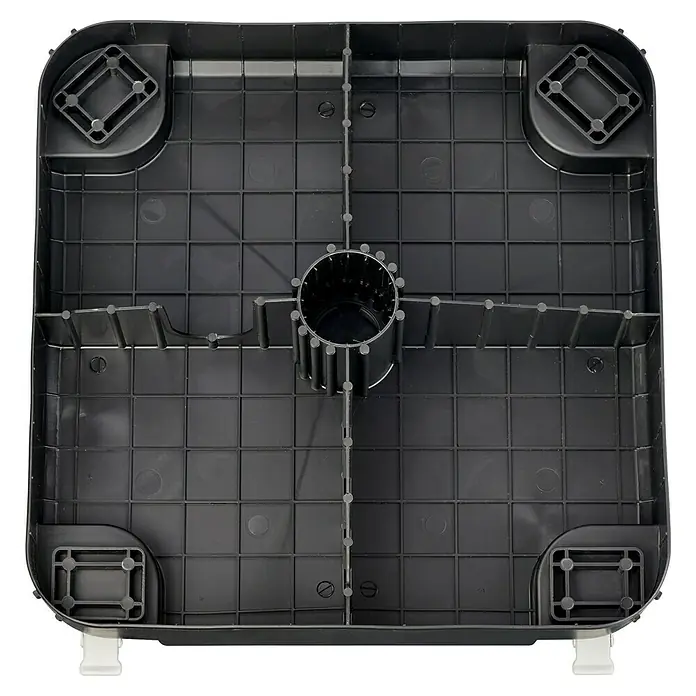 Suncomfort Schirmständer - 58,5 x 58,5 cm, Grau - Detailaufnahme einer schwarzen Gerätebasis mit quadratischer Form, Mittelstütze und Eckverstärkungen.