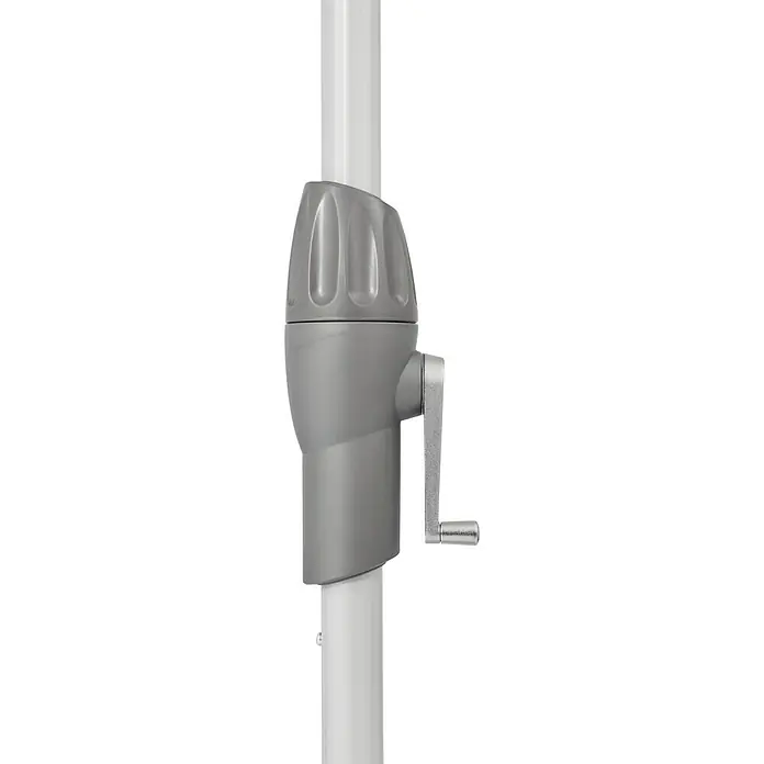 Suncomfort Marktschirm rund Shell Turn - Light Taupe, Durchmesser Bespannung: 300 cm - Detailaufnahme eines Sonnenschirmmastes mit grauem Kurbelmechanismus. Das Bild zeigt die Funktionalität und das Design des Sonnenschirms.