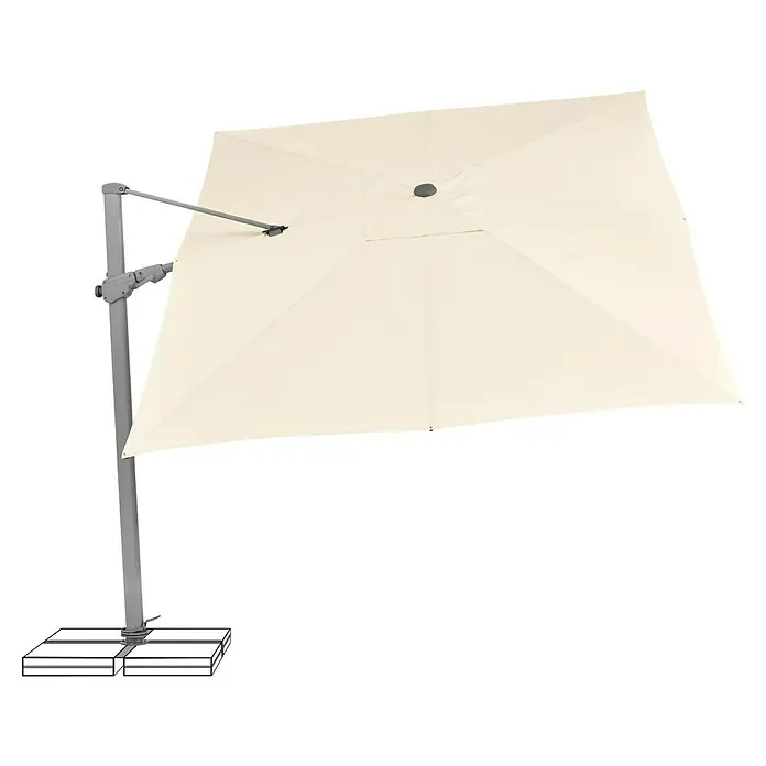 Suncomfort Ampelschirm Varioflex - Ecru, Bespannungsmaß (L x B): 330 x 270 cm - Eine Nahaufnahme eines beigen Sonnenschirms mit quadratischem Schirm und grauem Ständer. Der perfekte Schattenspender für sonnige Tage!