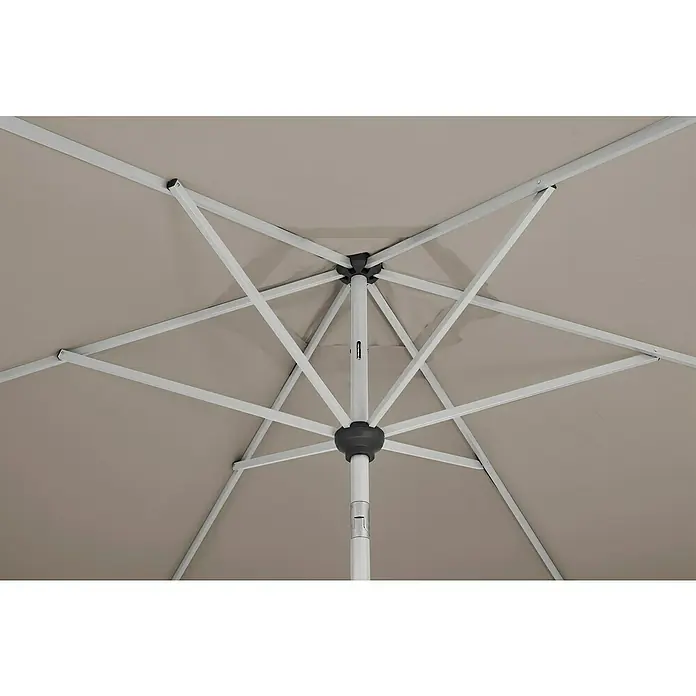 Suncomfort Marktschirm rund Shell Turn - Light Taupe, Durchmesser Bespannung: 300 cm - Innenansicht eines Sonnenschirms mit stabilem, weißem Gestell und beigem Stoffbezug, der Schatten spendet und vor Sonne schützt.