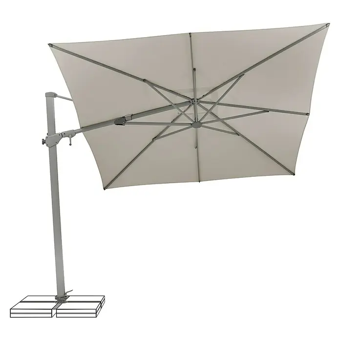 Suncomfort Ampelschirm Varioflex - Light Taupe, Bespannungsmaß (L x B): 330 x 270 cm - Ein freistehender Sonnenschirm mit grauem Gestell und cremefarbener Bespannung bietet stilvollen Schatten im Freien.