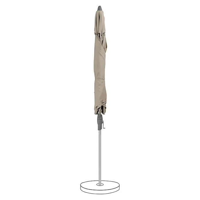 Suncomfort Marktschirm rund Shell Turn - Light Taupe, Durchmesser Bespannung: 300 cm - Geschlossener beigefarbener Gartenschirm mit grauem Ständer. Der Sonnenschirm ist zusammengefaltet und steht auf einer runden Basis.