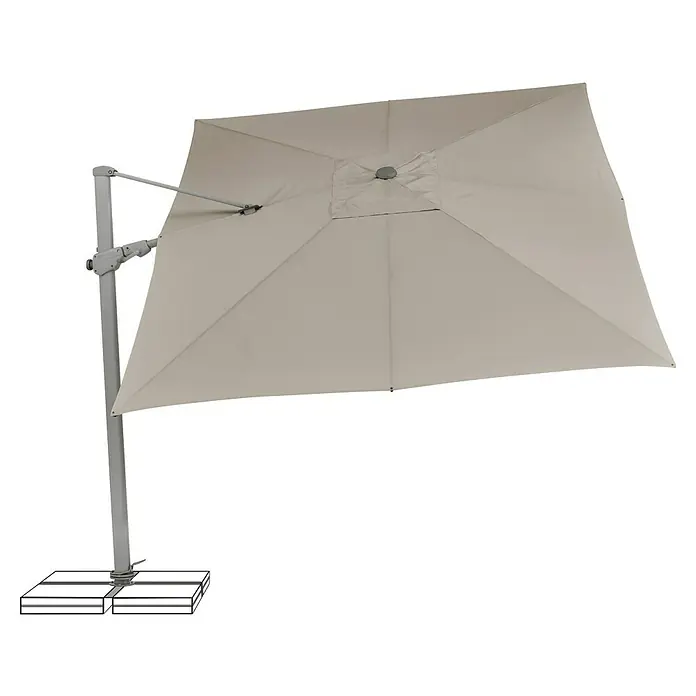 Suncomfort Ampelschirm Varioflex - Light Taupe, Bespannungsmaß (L x B): 330 x 270 cm - Ein grauer, rechteckiger Sonnenschirm mit einem stabilen Standfuß bietet optimalen Schutz vor der Sonne im Freien.