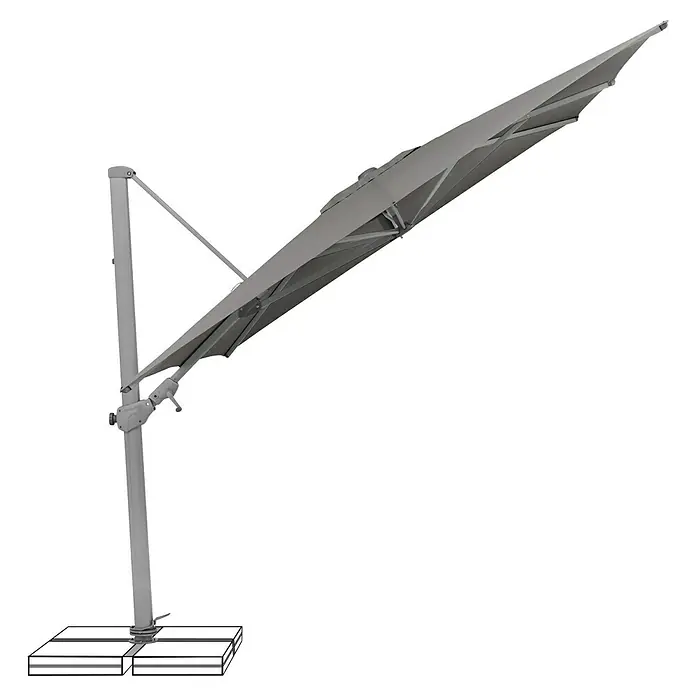 Suncomfort Ampelschirm Varioflex - Steingrau, Bespannungsmaß (L x B): 330 x 270 cm - Eine seitlich angebrachte graue Sonnenschirm-Konstruktion mit stabilem Standfuß bietet Schatten.