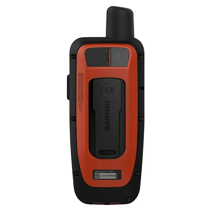 Garmin GPS Handgerät GPS Map 86i - L x B x H: 44 x 67,5 x 178 mm - Rückansicht des Garmin GPSMAP 86i Handnavigationsgeräts mit rotem Gehäuse und schwarzer Antenne. Robustes Design für Outdoor-Abenteuer.