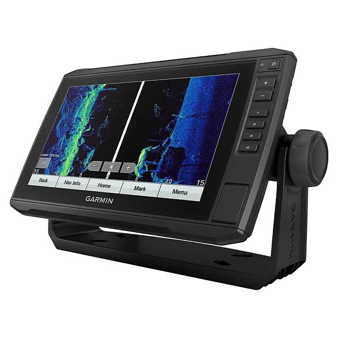 Garmin Fishfinder & Kartenplotter Echomap UHD2 - Bildschirmtyp: WVGA-Farbdisplay, L x B x H: 264 x 166 x 80 mm - Produktansicht des Garmin-Echolots mit detaillierter Sonarbildschirmdarstellung und Bedienelementen.