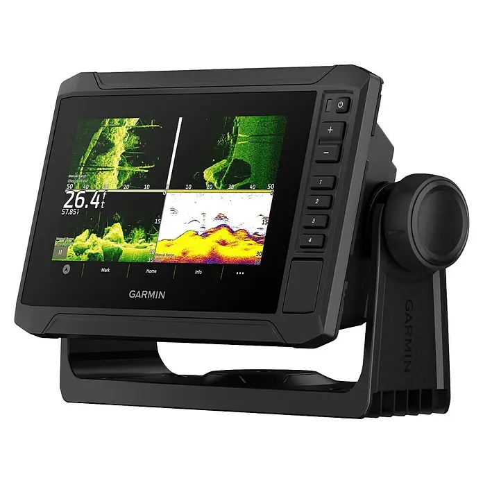 Garmin Fishfinder & Kartenplotter Echomap UHD2 - Bildschirmtyp: WVGA-Farbdisplay, L x B x H: 131 x 206 x 67 mm - Ein schwarzer Garmin-Fischfinder mit detailliertem Sonarbildschirm und Tasten für eine einfache Bedienung auf dem Wasser.