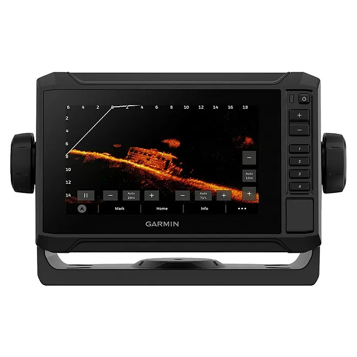 Garmin Fishfinder & Kartenplotter Echomap UHD2 - Bildschirmtyp: WVGA-Farbdisplay, L x B x H: 131 x 206 x 67 mm - Nahaufnahme eines Garmin-Fischfinders mit Sonarbildschirm, der ein Schiffswrack anzeigt und verschiedene Bedienfeldtasten hervorhebt.