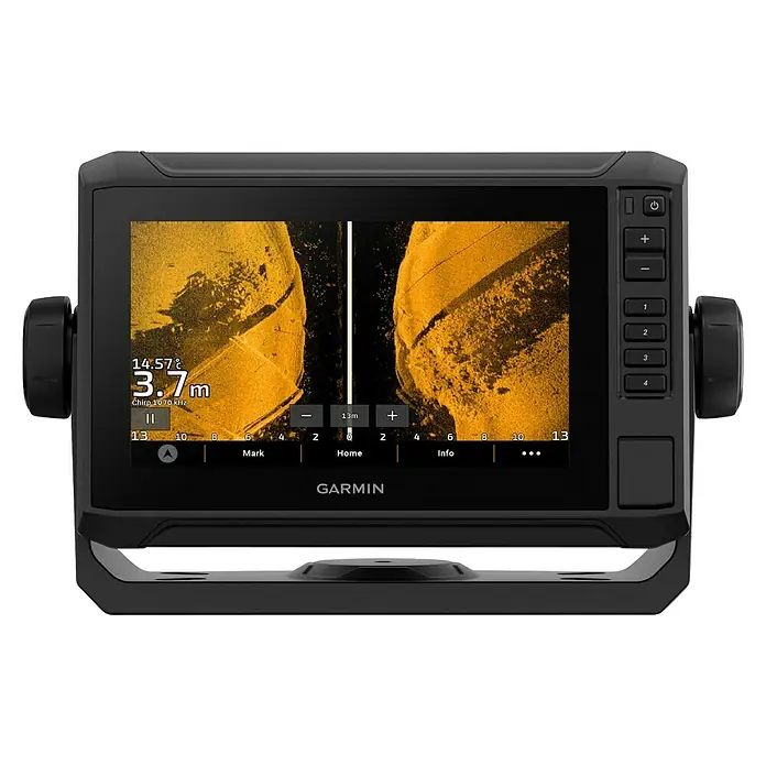 Garmin Fishfinder & Kartenplotter Echomap UHD2 - Geber: GT20 Geber, Bildschirmtyp: WVGA-Farbdisplay, L x B x H: 218 x 142 x 81 mm - Aufnahme eines Garmin Echolots, das Sonarbilder auf seinem Bildschirm anzeigt, zur Verwendung in der Schifffahrt und Fischerei.