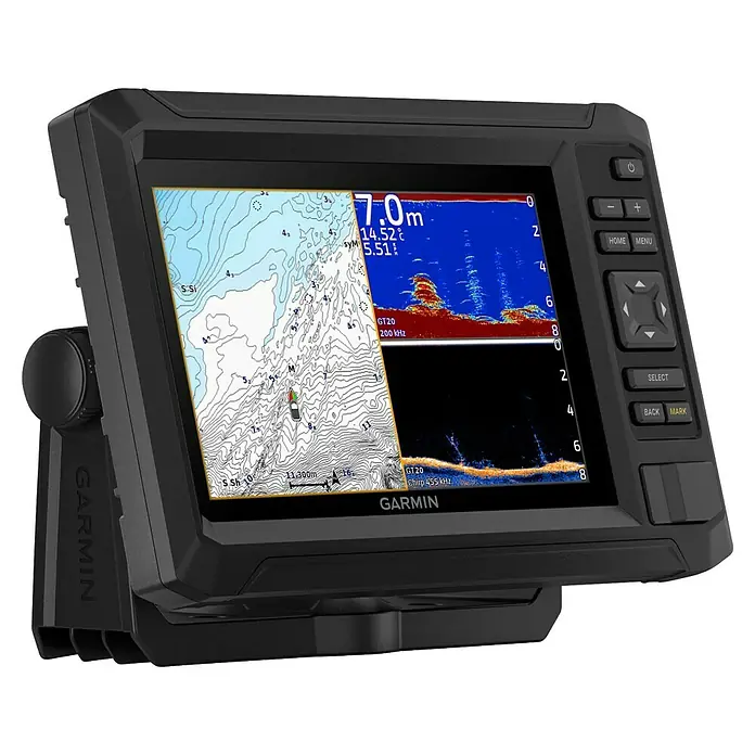 Garmin Fishfinder & Kartenplotter Echomap UHD2 - Geber: GT20 Geber, Bildschirmtyp: WVGA-Farbdisplay, L x B x H: 232 x 143 x 67 mm - Nahaufnahme des Garmin Fischfinders mit detaillierter Sonar- und Kartenanzeige für erfolgreiche Angeltouren.