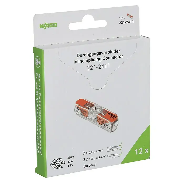 Wago Durchgangsklemme 221-2411 mit Hebeln - 12 Stk., 0,2 mm² - 4 mm² - Ein Karton WAGO 221-2411 Durchgangsverbinder, ein Inline-Spleißverbinder, ideal für sichere elektrische Verbindungen.