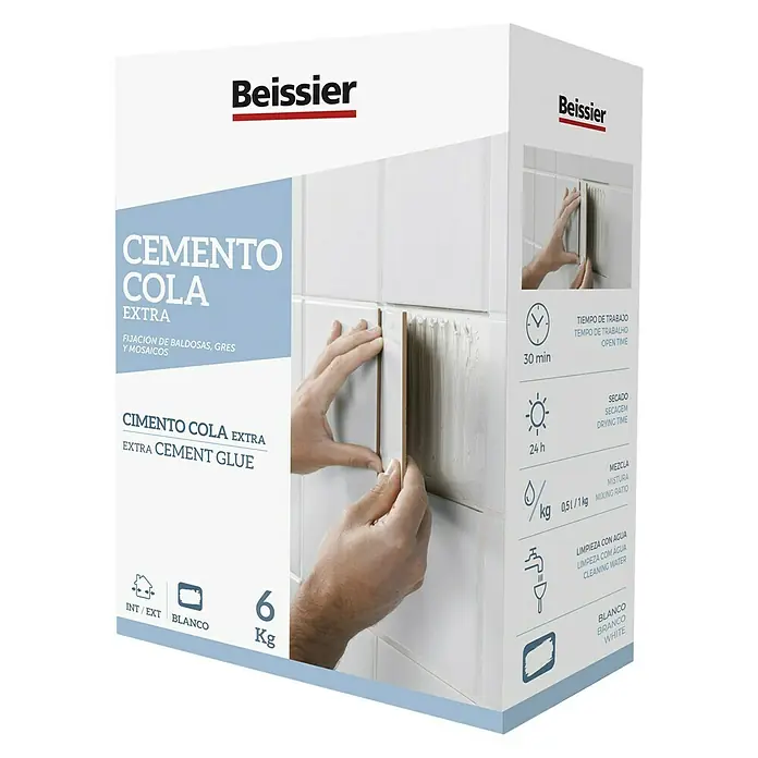 Beissier Cemento cola Extra - 6 kg - Imagen del envase del adhesivo cementoso "Beissier Cemento Cola Extra". Apto para baldosas, cerámica y mosaicos.