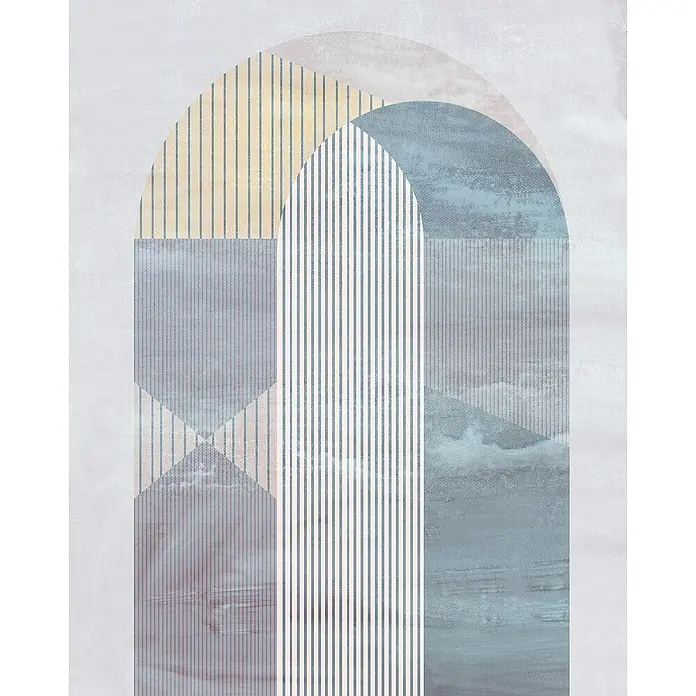 Komar Pure 2 Fototapete Arched Gate - B x H: 200 x 250 cm, Vlies - Abstraktes Kunstwerk mit geometrischen Formen und Streifen in sanften Blau-, Beige- und Grautönen, das eine moderne und ruhige Atmosphäre schafft.
