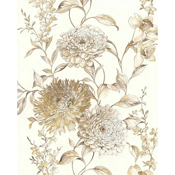 Komar Pure 2 Fototapete Vintage Chrysanthemum - B x H: 200 x 250 cm, Vlies - Zarte florale Tapete mit üppigen Chrysanthemen und filigranen Blättern in sanften Gold- und Beigetönen, die Eleganz und Wärme ausstrahlt.